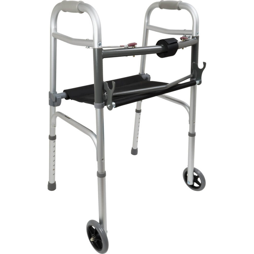 ProBasics Two Button Folding Walker With Wheels And Roll Up Seat   PB WKAAW2BST Image1 